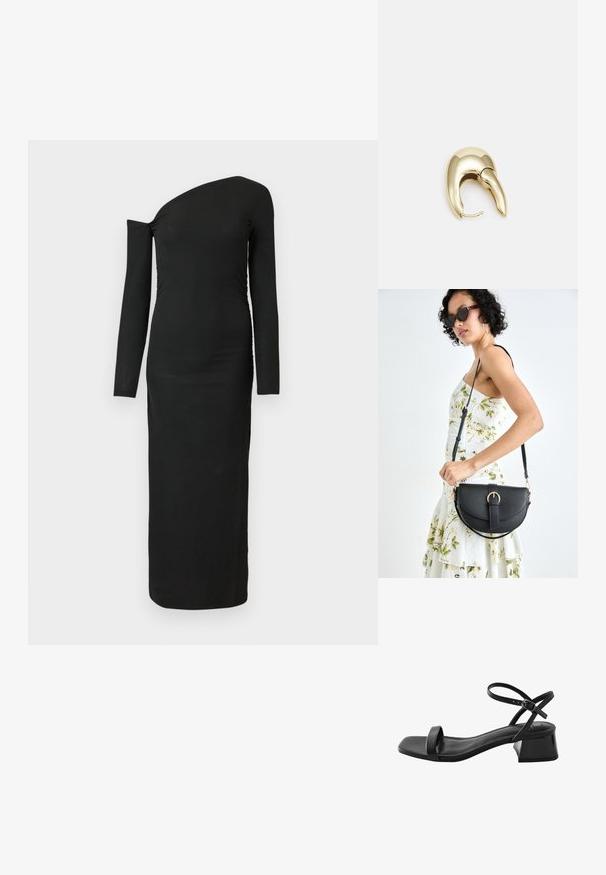 Abito nero attillato a maniche lunghe con scollatura asimmetrica e dettaglio arricciato sul lato, realizzato in tessuto a costine.; Next FOREVER COMFORT - REGULAR FIT - Sandali - black; Borsa a tracolla nera in pelle con una forma curva, manico rimovibile e accessori dorati. La borsa presenta una patta con un dettaglio a fibbia.; Orecchino in metallo color oro con un design elegante e curvo. Presenta una forma appuntita distintiva, superficie lucida e chiusura a cerniera.