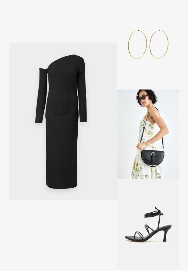 Musta, vartalonmyötäinen, pitkähihainen mekko, jossa on epäsymmetrinen kaula-aukko ja rypytetty sivusauma, valmistettu ribbikankaasta.; ONLY SHOES ONLARIA ANKLE WRAP HEELED - Sandaalit nilkkaremmillä - black; Musta nahkainen käsilaukku, joka on kaareva muotoilultaan, irrotettavalla hihnalla ja kultaisilla yksityiskohdilla. Laukussa on läppä, jossa on solk yksityiskohta.; Kultaiset rengaskorvakorut, joissa on sileä ja pyöristetty muotoilu. Ohuet ja kevyet, sisältäen jatkuvan lenkin ilman mitään koristeita.