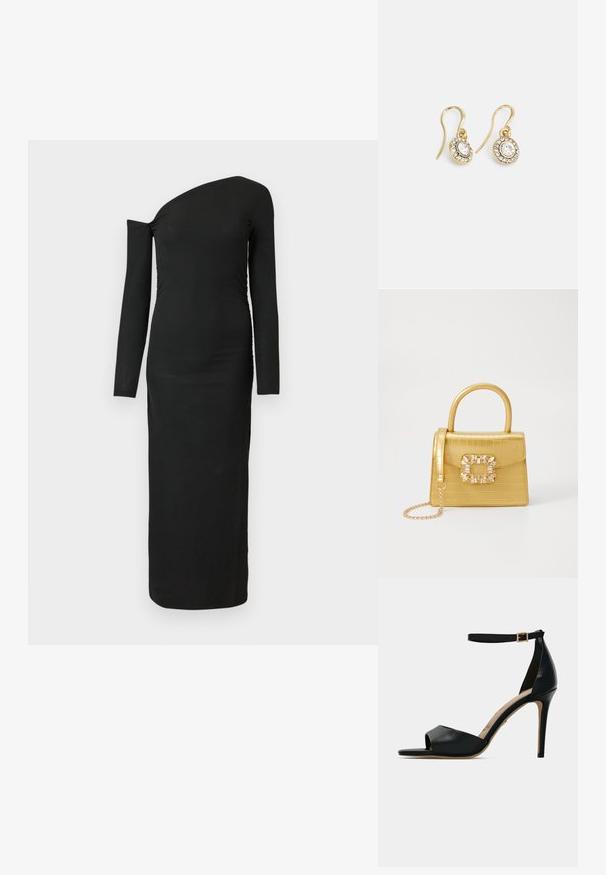 Musta, vartalonmyötäinen, pitkähihainen mekko, jossa on epäsymmetrinen kaula-aukko ja rypytetty sivusauma, valmistettu ribbikankaasta.; Mustat korkokengät sandaalit avoimella varpaalla, sileä nahkapäällinen, nilkkahihna kultaisella soljella ja beige jalkapedaali.; Keltainen keinonahkainen krokotiililaukku, jossa on jämäkkä muotoilu, yläkahva, irrotettava ketjusanka ja koristeellinen kristallikoristelu lukossa.; Kultaiset korvakorut, joissa on soikeat, läpinäkyvät kivet, joita ympäröivät pienemmät läpinäkyvät kivet. Korvakoruissa on koukkuminen, joka takaa turvallisen käytön.