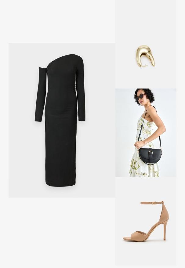 Crna, tijelu prianjajuća haljina dugih rukava s asimetričnim izrezom i nabranim detaljem sa strane, izrađena od rebraste tkanine.; ALDO CRERIDE PILLOW WALK - Sandale - beige; Crna kožna torba s lukovitim oblikom, odvojivim remenom i zlatnim detaljima. Torba ima preklop s kopčom.; Zlatne metalne naušnice s elegantnim, zakrivljenim dizajnom. Imaju karakterističan šiljast oblik, poliranu površinu i zatvaranje na šarku.