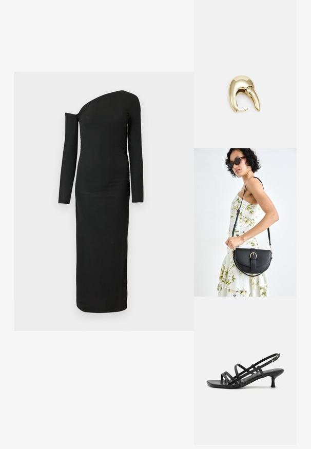 Svart, tettsittende langermet kjole med asymmetrisk halslinje og samlet sidetilbehør, laget av ribbet stoff.; Svarte hæl sandaler med flere krysset remmer. Glatt materiale, spiss tå og smal hæl. Justerbar ankelrem med spenne.; Svart lærveske med en buet form, avtagbar stropp og gullbeslag. Vesken har et klaff med spenne-detall.; Gullfarget metalløredobber med et elegant, buet design. Har en karakteristisk spiss form, polert overflate og hengsel-lukking.