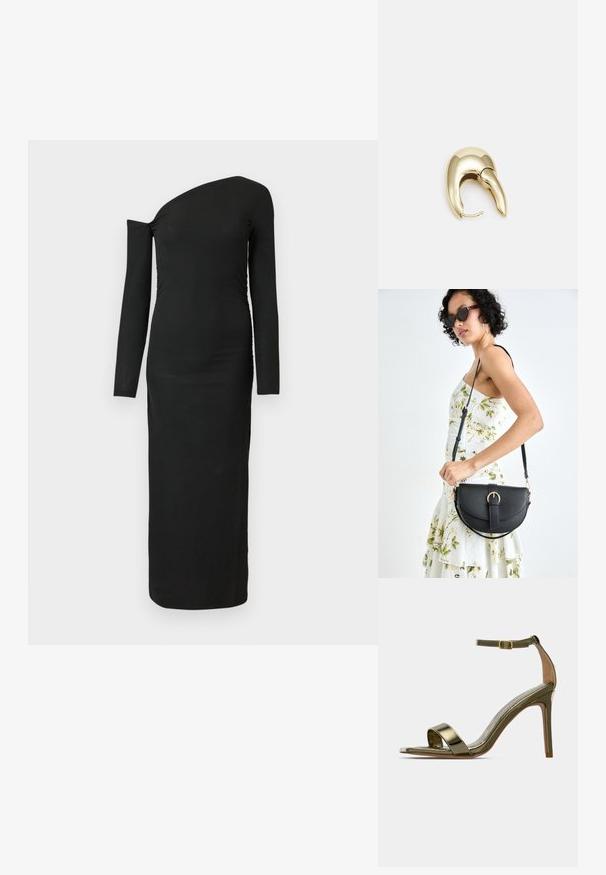 Musta, vartalonmyötäinen, pitkähihainen mekko, jossa on epäsymmetrinen kaula-aukko ja rypytetty sivusauma, valmistettu ribbikankaasta.; Kultaiset korkokengät, joissa on nilkkaremmillä ja soljella, avoin varvas, ohut stiletto-korko ja kiiltävä metallipinta yksinkertaisella taustalla.; Musta nahkainen käsilaukku, joka on kaareva muotoilultaan, irrotettavalla hihnalla ja kultaisilla yksityiskohdilla. Laukussa on läppä, jossa on solk yksityiskohta.; Kultahipuinen korvakoru, jossa on sulavalinjainen, kaareva muotoilu. Ominaisuuksiin kuuluu erottuva terävä muoto, kiillotettu pinta ja sarana kiinnitys.