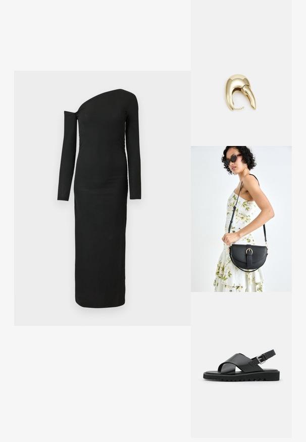 Black, form-fitting, long-sleeve dress with an asymmetric neckline and gathered side detail, made from ribbed fabric.; Black leather sandals featuring a cross-strap design, adjustable buckle, and textured sole with ridges for grip.; Black leather handbag with a curved shape, detachable strap, and gold hardware. The bag features a flap with a buckle detail.; Gold-tone metal earring with a sleek, curved design. Features a distinctive pointed shape, polished surface, and hinge closure.