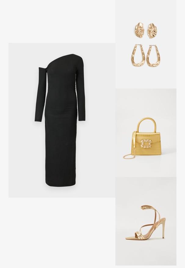 Juodas, kūną apglėbiantis, ilgomis rankovėmis su asimetriniu kaklu ir surinkta šono detale, pagamintas iš grioveliais audinio.; Even&Odd Aukštakulniai sandalai - gold; Geltonas dirbtinės krokodilo odos rankinukas su standžiu dizainu, viršutine rankena, nuimamu grandininiu dirželiu ir dekoratyviniu krištolo papuošimu ant užsegimo.; Auksinės auskarai, turintys tekstūruotus, bangų formos elementus. Įeina skulptūriniai segami auskarai ir atviri lankai su išmuštu paviršiumi.