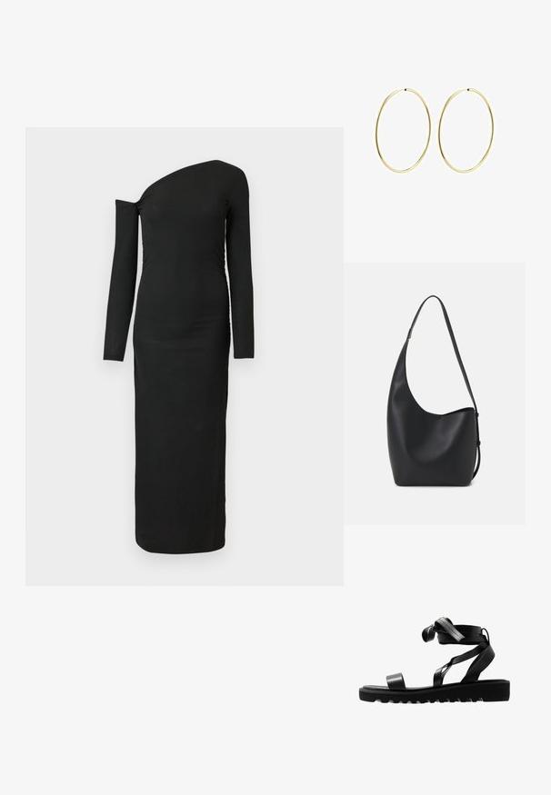 Zwarte, nauwsluitende, lange mouw jurk met een asymmetrische halslijn en geplooide zijdetail, gemaakt van ribbelstof.; Zwarte sandalen met een gestructureerde zool, voorzien van slanke banden en een geknoopt ontwerp. Gemaakt van glad materiaal, moderne vorm en open teen.; Zwarte leren hobo tas met een gladde textuur, kromme vorm en een enkele verstelbare schouderband; heeft een brede opening aan de bovenkant.; Gouden hoepeloorbellen met een glad, afgerond ontwerp. Dun en lichtgewicht, met een doorlopende lus zonder versieringen.