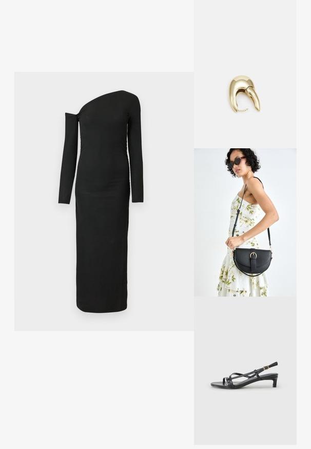 Fekete, testhez simuló, hosszú ujjú ruha aszimmetrikus nyakkivágással és ráncolt oldali részlettel, bordás anyagból készült.; Fekete nyitott orrú szandál keresztezett pántokkal, vékony sarokkal és állítható boka csattal. Simított szintetikus anyagból készült.; Fekete bőrtáska ívelt formával, levehető pánttal és arany színű fémrészekkel. A táskán egy csattal díszített fedél található.; Aranyszínű fém fülbevaló, elegáns, ívelt formával. Különleges hegyes alak, fényes felszín és zsanéros záródás jellemzi.