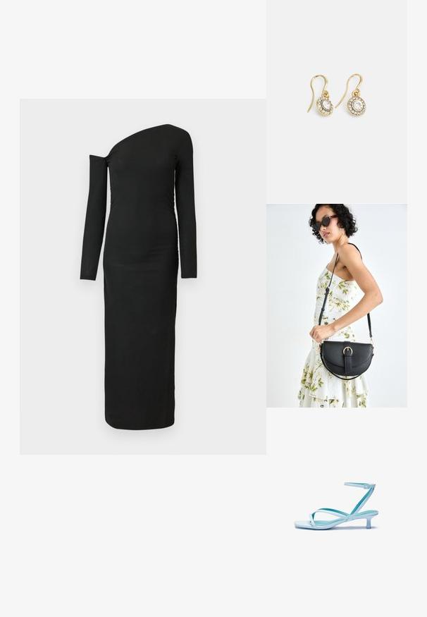 Black, form-fitting, long-sleeve dress with an asymmetric neckline and gathered side detail, made from ribbed fabric.; Light blue strappy sandal with a square toe, low heel, adjustable ankle strap, and smooth, glossy finish. Crossed straps on the footbed.; Black leather handbag with a curved shape, detachable strap, and gold hardware. The bag features a flap with a buckle detail.; Gold-tone earrings with oval-shaped clear crystals surrounded by smaller clear stones, featuring a hook design for secure wear.