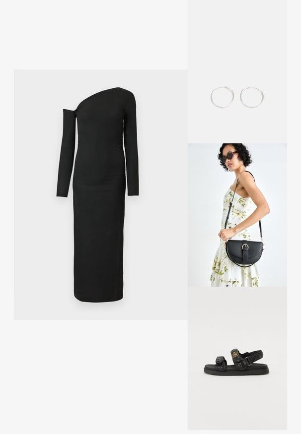 Sort, tætsiddende, langærmet kjole med asymmetrisk udskæring og samlede sideløse detaljer, lavet af ribbet stof.; Sorte quiltede sandaler med to justerbare stropper, guldfarvede detaljer og en tekstureret sort sål. Slankt og moderne design.; Sort læderhåndtaske med en buet form, aftagelig rem og guldfinish. Tasken har en klap med en spænde detalje.; Sølv hoop øreringe med et slankt, rundt design, der har en glat overflade og ingen synlige udsmykninger. Diameter ikke specificeret.