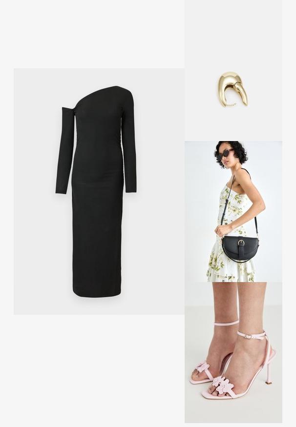 Črna, oprijeta, dolgah rokavih obleka z asimetričnim izrezom in nabranimi stranskimi detajli, izdelana iz rebraste tkanine.; Roza sandal s peto, okrašen s cvetnimi aplikacijami, tanek zapestni trak in odprt nos. Gladka tekstura in koničasta oblika prstov.; Črna usnjena torbica s ukrivljeno obliko, z odstranljivo naramnico in zlatimi dodatki. Torbica ima pokrov s podrobnostmi v obliki zaponke.; Uhane nakit iz zlatastega tona z gladko, ukrivljeno zasnovo. Ima edinstveno koničasto obliko, polirano površino in zaponko s tečajem.
