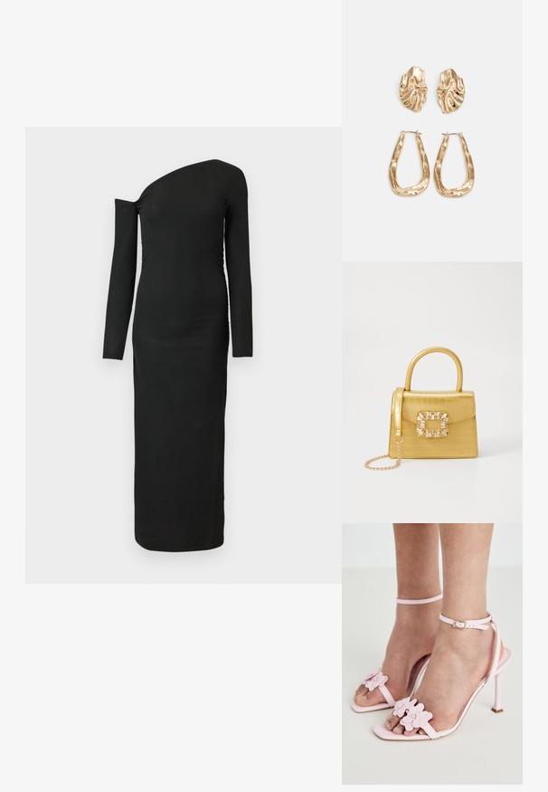 Black, form-fitting, long-sleeve dress with an asymmetric neckline and gathered side detail, made from ribbed fabric.; Pink high-heeled sandals with floral appliqués, thin ankle strap, and open-toe design. Smooth texture and pointed toe shape.; Yellow faux-crocodile handbag with a structured design, top handle, detachable chain strap, and decorative crystal embellishment on the clasp.; Gold-tone earrings featuring textured, wavy shapes. Includes sculptural clip-on studs and open hoop design with a hammered finish.