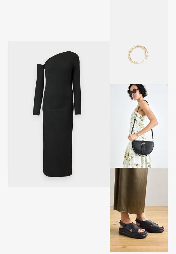 Black, form-fitting, long-sleeve dress with an asymmetric neckline and gathered side detail, made from ribbed fabric.; Black platform sandals with cross straps and open heel design, made from smooth material, worn with a flowy olive skirt on wooden floor.; Black leather handbag with a curved shape, detachable strap, and gold hardware. The bag features a flap with a buckle detail.; Gold-tone ring featuring an organic, twisted design with smooth texture and tapered ends, creating a modern, sculptural appearance.