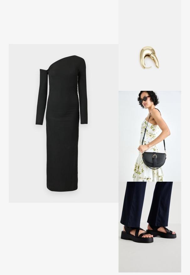 Black, form-fitting, long-sleeve dress with an asymmetric neckline and gathered side detail, made from ribbed fabric.; Black platform sandals with wide crisscross straps and a thick sole. The upper is made of smooth material, featuring open-toe design.; Black leather handbag with a curved shape, detachable strap, and gold hardware. The bag features a flap with a buckle detail.; Gold-tone metal earring with a sleek, curved design. Features a distinctive pointed shape, polished surface, and hinge closure.