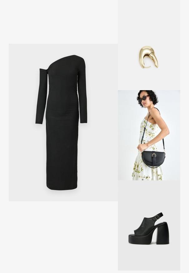 Mustern, keha kätkev, pika varrukaga kleit asümmeetrilise kaelusega ja kokkuvõetud külje detailiga, valmistatud ribakujulisest kangast.; Mustad avatud varvastega platvormisandaalid, millel on kaarjas disain, kinnituv rihm ja korralik plokkkonts. Sile nahktekstuur, minimalistlik stiil.; Mustmust mustraha kõverate joontega, eemaldatava rihmaga ja kuldsete detailidega. Kotil on klapp, millel on pandladetail.; Kuldtooni metallist kõrvarõngas, millel on elegantne ja kaarjas disain. Omab silmapaistvat teravat kuju, poleeritud pinda ja hingesulgemist.