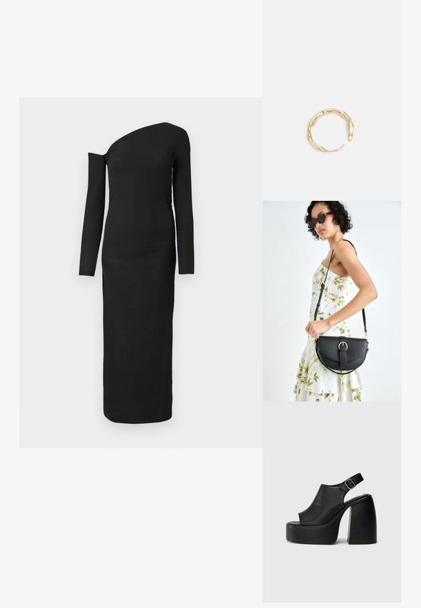 Juodas, kūną apglėbiantis, ilgomis rankovėmis su asimetriniu kaklu ir surinkta šono detale, pagamintas iš grioveliais audinio.; Juodos atviros platformos sandalai su kreivu dizainu, atsegamu dirželiu ir stambiu blokiniu kulnu. Lygios odos tekstūra, minimalistinis stilius.; Juodas odinis krepšys su išlenkta forma, nuimamu dirželiu ir auksiniais detalėmis. Krepšys turi kilpą su sagtimi.; Auksinės spalvos žiedas, turintis organišką, sukimosi dizainą su lygiu paviršiumi ir siaurėjančiais galais, sukuriantis modernią skulptūrinę išvaizdą.