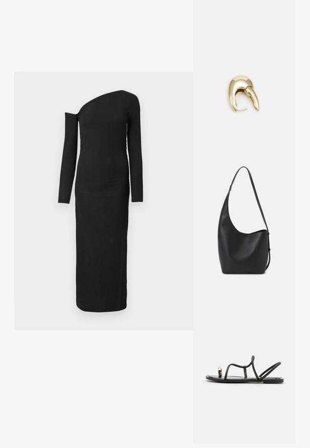 Abito nero attillato a maniche lunghe con scollatura asimmetrica e dettaglio arricciato sul lato, realizzato in tessuto a costine.; Sandali neri piatti con fasce sottili e anello per le dita, dotati di un accento dorato sulla punta. Realizzati in un materiale liscio e lucido.; Borsa hobo nera in pelle con una superficie liscia, forma curvata e una singola tracolla regolabile; presenta un'ampia apertura nella parte superiore.; Orecchino in metallo color oro con un design elegante e curvo. Presenta una forma appuntita distintiva, superficie lucida e chiusura a cerniera.