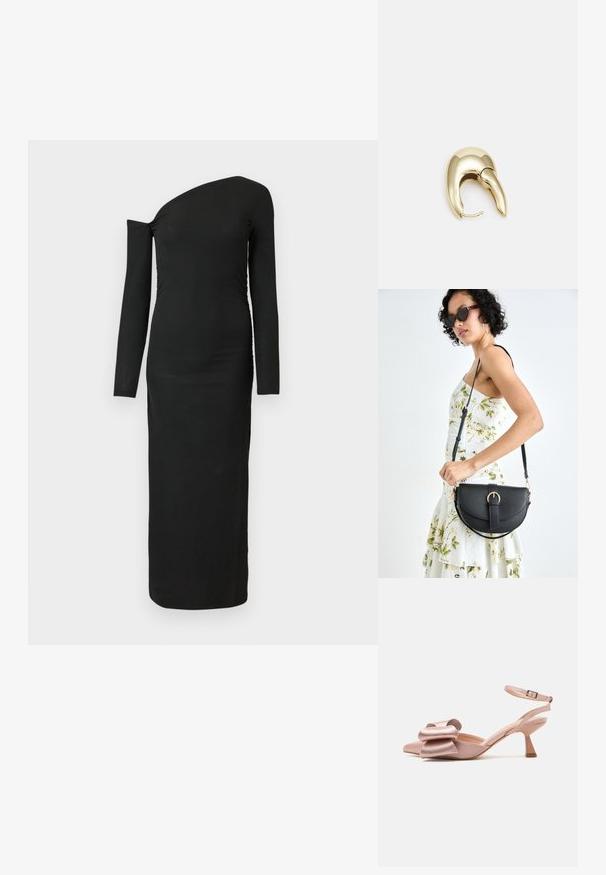 Črna, oprijeta, dolgah rokavih obleka z asimetričnim izrezom in nabranimi stranskimi detajli, izdelana iz rebraste tkanine.; Roza satenska čevlja na peto s slingback dizajnom in pointed toe, okrašena s pentljo spredaj ter ozkim ježkom okoli gležnja. Peta je v obliki ožjega bloka.; Črna usnjena torbica s ukrivljeno obliko, z odstranljivo naramnico in zlatimi dodatki. Torbica ima pokrov s podrobnostmi v obliki zaponke.; Uhane nakit iz zlatastega tona z gladko, ukrivljeno zasnovo. Ima edinstveno koničasto obliko, polirano površino in zaponko s tečajem.