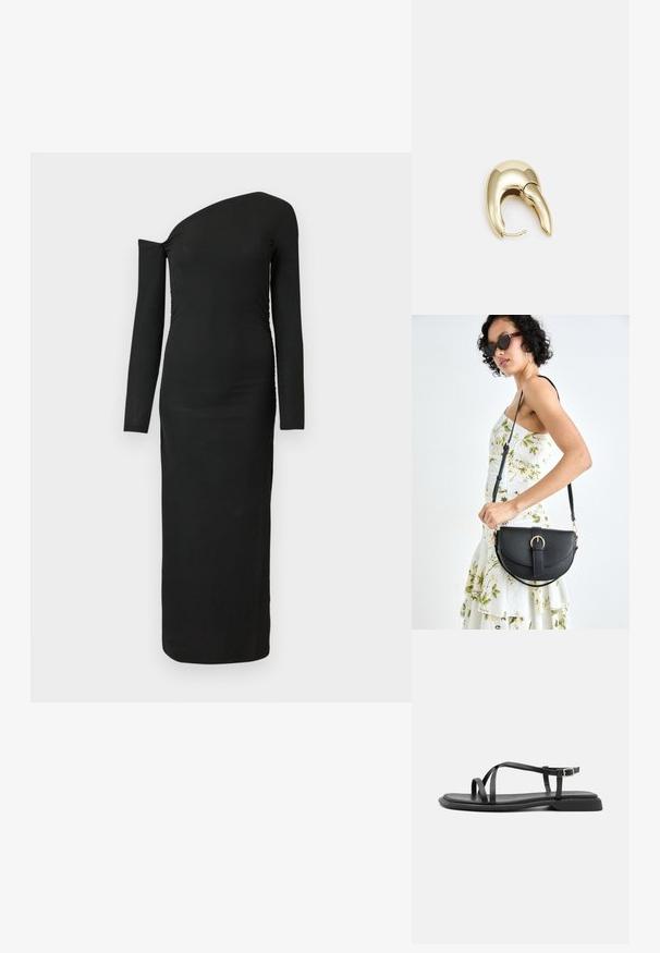 Black, form-fitting, long-sleeve dress with an asymmetric neckline and gathered side detail, made from ribbed fabric.; Black flat sandals with thin adjustable straps, rectangular toe post, and a textured matte finish. Features a low, slightly squared heel.; Black leather handbag with a curved shape, detachable strap, and gold hardware. The bag features a flap with a buckle detail.; Gold-tone metal earring with a sleek, curved design. Features a distinctive pointed shape, polished surface, and hinge closure.