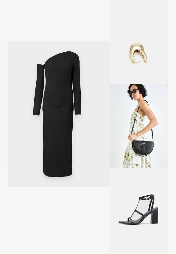 Černé, přiléhavé, dlouhé šaty s asymetrickým výstřihem a nabraným detailem na boku, vyrobené z ribbového materiálu.; Černé sandály na podpatku se čtveratou špičkou a blokovým podpatkem. Obsahují tenké popruhy a nastavitelné zapínání na kotníku. Hladká kožená textura.; Černá kožená kabelka s křivkovým tvarem, odnímatelným popruhem a zlatými detaily. Kabelka má klopu s přezkou.; Náušnice ve zlatém tónu z kovu s elegantním zakřiveným designem. Vyznačují se jedinečným špičatým tvarem, lesklým povrchem a závěsem na kloub.