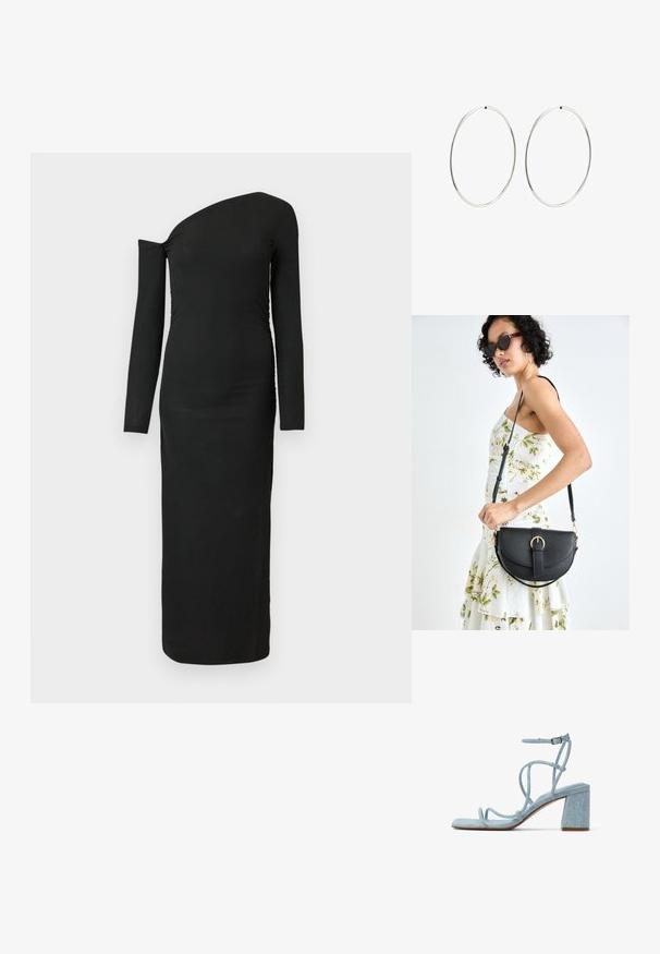 Vestido negro ajustado de manga larga con escote asimétrico y detalle fruncido en el lateral, hecho de tela acanalada.; Sandalia de tacón cuadrado en denim azul claro con tiras delgadas entrecruzadas y correa en el tobillo. Diseño de punta cuadrada y acabado de tela texturizada.; Bolso de piel negra con forma curva, correa desmontable y herrajes dorados. El bolso cuenta con una solapa con un detalle de hebilla.; Pendientes de aro plateados con un diseño redondo y liso, y un acabado pulido. Son delgados y ligeros, y cuentan con un sencillo cierre de gancho.
