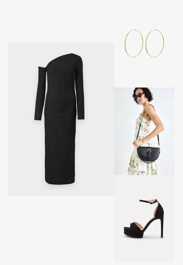 Black, form-fitting, long-sleeve dress with an asymmetric neckline and gathered side detail, made from ribbed fabric.; Black suede high-heeled sandal with a platform sole, ankle strap with silver hardware, open toe design, and smooth texture.; Black leather handbag with a curved shape, detachable strap, and gold hardware. The bag features a flap with a buckle detail.; Gold hoop earrings with a smooth, rounded design. Thin and lightweight, featuring a continuous loop without any embellishments.