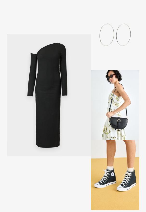 Musta, vartalonmyötäinen, pitkähihainen mekko, jossa on epäsymmetrinen kaula-aukko ja rypytetty sivusauma, valmistettu ribbikankaasta.; Korkeat tennarit tummansinisestä kankaasta, joissa on valkoiset kumipohjat, nauhat ja yksityiskohdat. Varustettu pyöreällä logolla ja valkoisilla ompelu- vaikutuksilla.; Musta nahkainen käsilaukku, joka on kaareva muotoilultaan, irrotettavalla hihnalla ja kultaisilla yksityiskohdilla. Laukussa on läppä, jossa on solk yksityiskohta.; Hope hopeita hopeita, joissa on sileä, pyöreä muoto ja kiiltävä pinta. Ne ovat ohuita ja kevyitä, ja niissä on yksinkertainen lukitus.