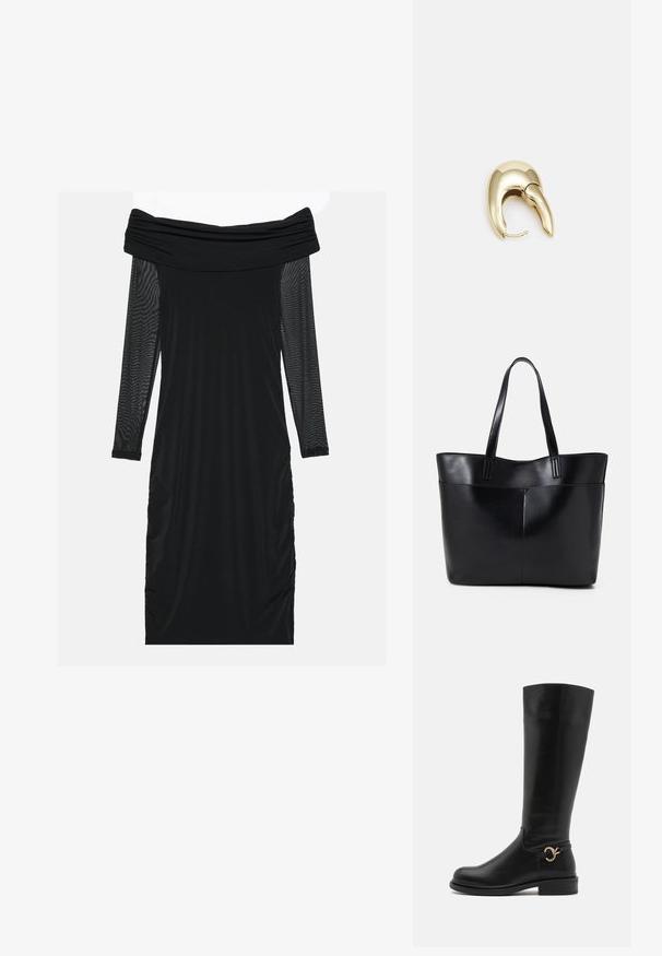 Vestido negro palabra de honor con largas mangas de malla transparente, lados fruncidos, tejido suave y silueta ajustada.; Anna Field Wide Fit Botas - black; Bolso tote de cuero negro con dos asas largas, textura suave y forma estructurada. Cuenta con un bolsillo frontal para almacenamiento adicional.; Pendiente de metal en tono dorado con un diseño elegante y curvado. Presenta una forma puntiaguda distintiva, superficie pulida y cierre de bisagra.