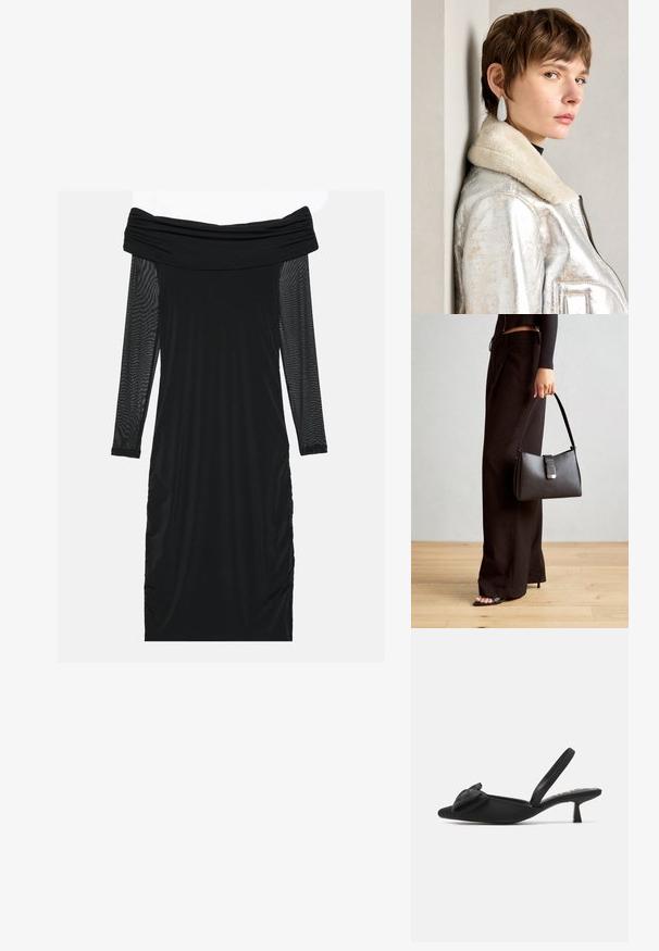Čierne šaty bez ramienok s dlhými priehľadnými sieťovanými rukávmi, nariasenými stranami, hladkým materiálom a priliehavým strihom.; ONLY SHOES ONLCOCO BOW SLINGBACK - Klasické lodičky na opätku - black; Čierna kabelka so štruktúrovaným tvarom, hladkou textúrou a kovovou sponou. V kombinácii so širokými čiernymi nohavicami a sandálmi s otvorenou špičkou na drevenej podlahe.; Strieborná metalická kožená bunda s ovčím golierom, ktorá má zips a štruktúrovaný povrch. Veľké slzovité náušnice s priehľadnými drahokamami.