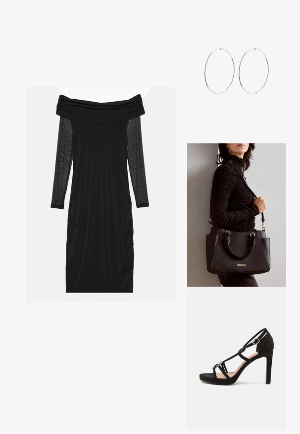 Black off-the-shoulder dress with long sheer mesh sleeves, ruched sides, smooth fabric, and a fitted silhouette.; Black suede high-heeled sandal with crisscross straps, a decorative silver-tone accent, and a platform sole for added height.; Black handbag with textured surface, dual top handles, and adjustable shoulder strap. Features gold-tone hardware and side pockets.; Silver hoop earrings with a smooth, round design and a polished finish. They are thin and lightweight, featuring a simple clasp closure.