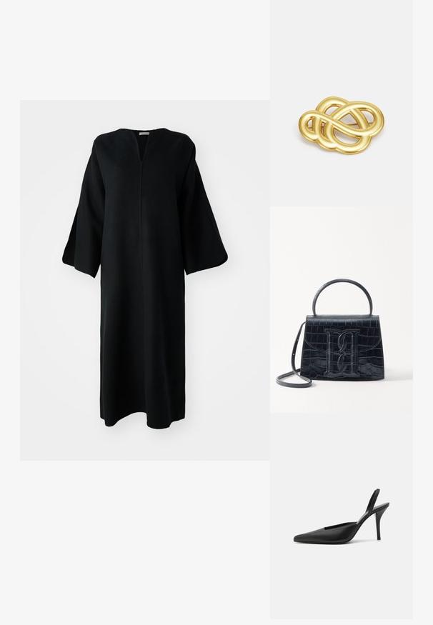 Dolga črna obleka z širokimi rokavi in V-izrezom, prikazana na beli podlagi.; Črne slingback pete z ostrim nosom, iz gladke usnjene materiala in s prefinjenim, minimalističnim oblikovanjem. Visoka stiletto peta.; Črna ročno vsebovana torbica iz usnja z reliéfom krokodila, z oblikovanim dizajnom, zgornjo ročajem, prilagodljivo zanko in izstopajočim logotipom spredaj.; Broška z zlatim odtenkom, ki se ponaša s zankastim dizajnom, gladkimi, ukrivljenimi linijami in zapleteno obliko, ki odseva poliran zaključek.