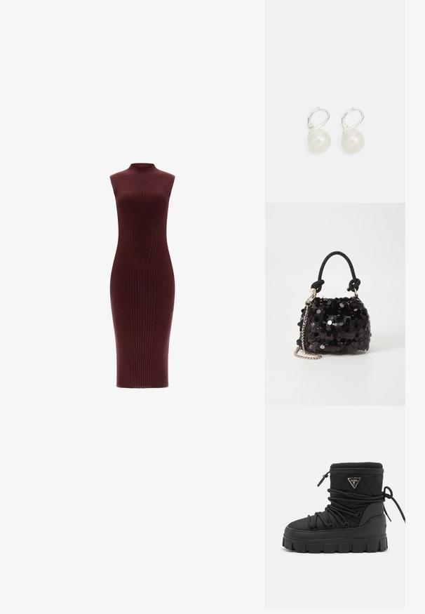 Strikket midi-kjole i mørk burgunder med en tætsiddende silhuet, ærmeløst design, høj hals og lodret ribbet tekstur.; Sort quiltet vandtæt støvle med en imiteret pelskrave, gummisål og snøredetaljer. Har et logo-plaque på siden.; Sort pailette mini håndtaske med en knyttet struktureret rem og sølv kæde. Rund form med samlet top og reflekterende detaljer.; Perle drip ørebøjler med en poleret overflade, udstyret med en sølvfarvet løftelås og runde, hvide perler. Enkel, klassisk design.