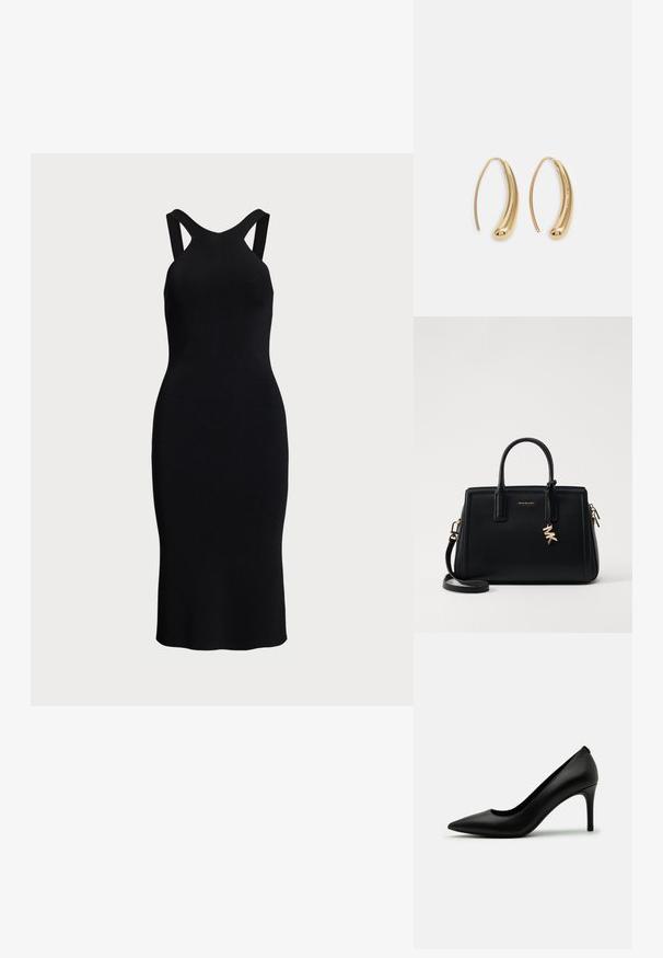 Fekete kötött ruha testhez simuló silhuettel, mély V-kivágással és dupla vállpántokkal. Sima textúrával és térdhosszúságú kialakítással.; Fekete, sima bőrből készült magassarkú cipő, hegyes orral és karcsú stiletto sarkal. Minimalista dizájn, látható díszítések nélkül.; Fekete bőr kézitáska strukturált dizájnnal, dupla felső fogantyúkkal, levehető vállpánttal, arany színű fémrészletekkel és logómedál díszítéssel.; Aranyszínű fémből készült karika fülbevalók ívelt, hosszúkás formával. Simaságával és fényes felületével, valamint lekerekített végével további részletekkel bővül.