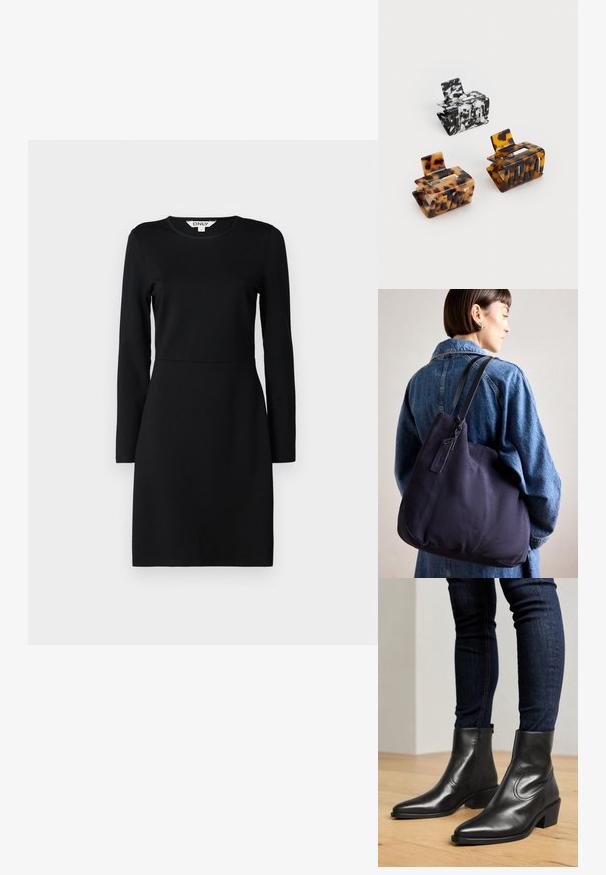 Rochie neagră cu mâneci lungi și decolteu rotund. Siluetă ajustată cu detaliu de cusătură la talie. Material moale, textură netedă. Fără modele sau ornamente.; Botine din piele neagră, cu vârful ascuțit, detalii minime la cusături și toc mic, înclinat. Textură netedă, cu un design elegant.; Geantă de umăr din pânză navy cu o formă moale și structurată, având o curea neagră, detalii cusute și un eticheta mică a brandului.; Trei agrafe de păr: una cu un model marmorat alb-negru, două tortoiseshell în nuanțe de maro și negru, toate realizate din plastic lucios cu un finisaj texturat.
