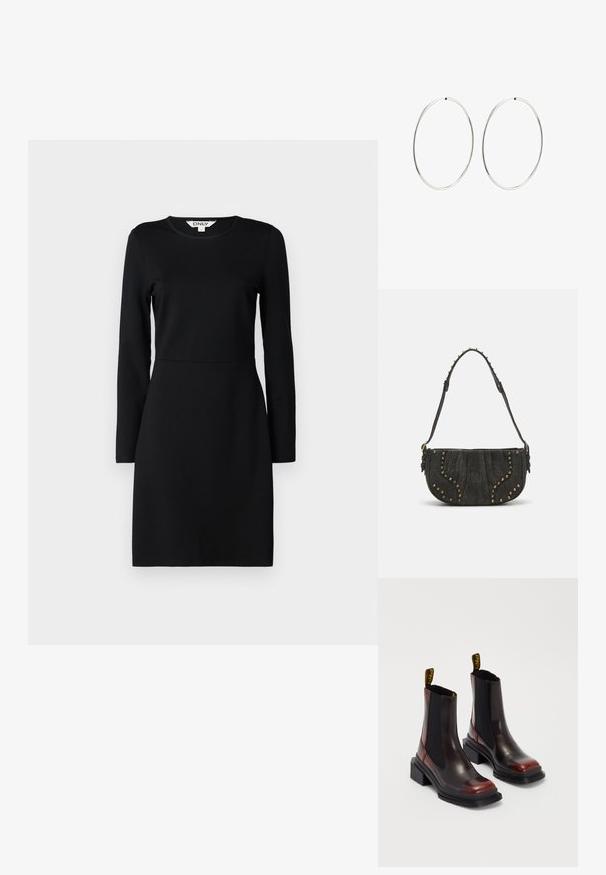 Schwarzes langärmliges Kleid mit Rundhalsausschnitt. Figurbetonte Silhouette mit einer Nahtdetails in der Taille. Weicher Stoff, glatte Textur. Keine Muster oder Verzierungen.; Dr. Martens MAYBOLE CHELSEA - Plateaustiefelette - black/cherry red; Schwarze Wildleder-Handtasche mit gewölbtem Design, verziert mit Nietenakzenten und einer strukturierten Oberfläche. Verstellbarer Tragegurt mit Nieten entlang des Randes.; Silberne Creolen mit einem glatten, runden Design und einer polierten Oberfläche. Sie sind dünn und leicht und verfügen über einen einfachen Verschluss.