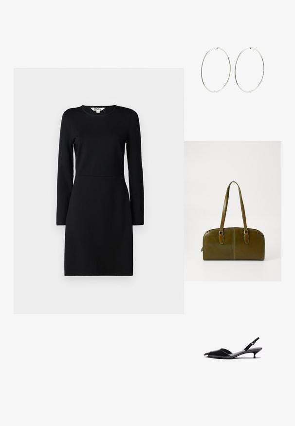 Schwarzes langärmliges Kleid mit Rundhalsausschnitt. Figurbetonte Silhouette mit einer Nahtdetails in der Taille. Weicher Stoff, glatte Textur. Keine Muster oder Verzierungen.; Schwarze Lackleder-Slingback-Absätze mit spitzem Fuß, metallischem Akzent an der Spitze und dünnem Kitten-Absatz. Glatte Textur, minimalistisches Design.; Olivengrünes Lederhandtasche mit einer runden Form, doppelten Griffen und nahtlosem Vorderteil. Verfügt über eine glatte Textur und subtile Nähdetails.; Silberne Creolen mit einem glatten, runden Design und einer polierten Oberfläche. Sie sind dünn und leicht und verfügen über einen einfachen Verschluss.