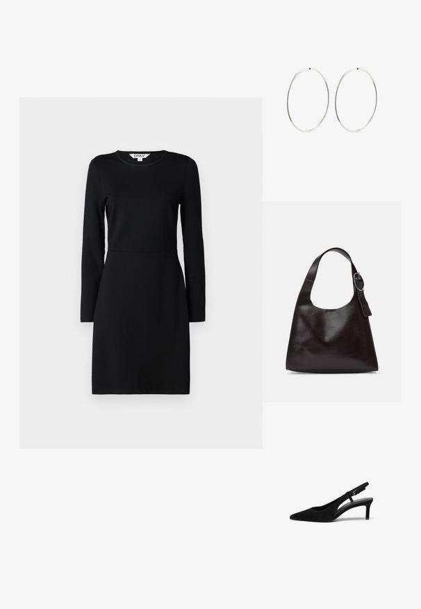 Czarna sukienka z długim rękawem i okrągłym dekoltem. Dopasowany krój z detalem w postaci szwu w talii. Miękka tkanina, gładka struktura. Brak wzorów lub ozdób.; Czarny zamszowy but slingback z ostrym noskiem, niskim obcasem, odkrytą stroną i regulowanym paskiem z metalową klamrą. Gładka tekstura.; Brązowa skórzana torba na ramię o gładkiej teksturze, zaokrąglonym kształcie, szerokim pasku i okrąłym metalowym akcentem na uchwycie.; Srebrne kolczyki na kółku o gładkim, okrągłym kształcie i wypolerowanym wykończeniu. Są cienkie i lekkie, z prostym zapięciem.