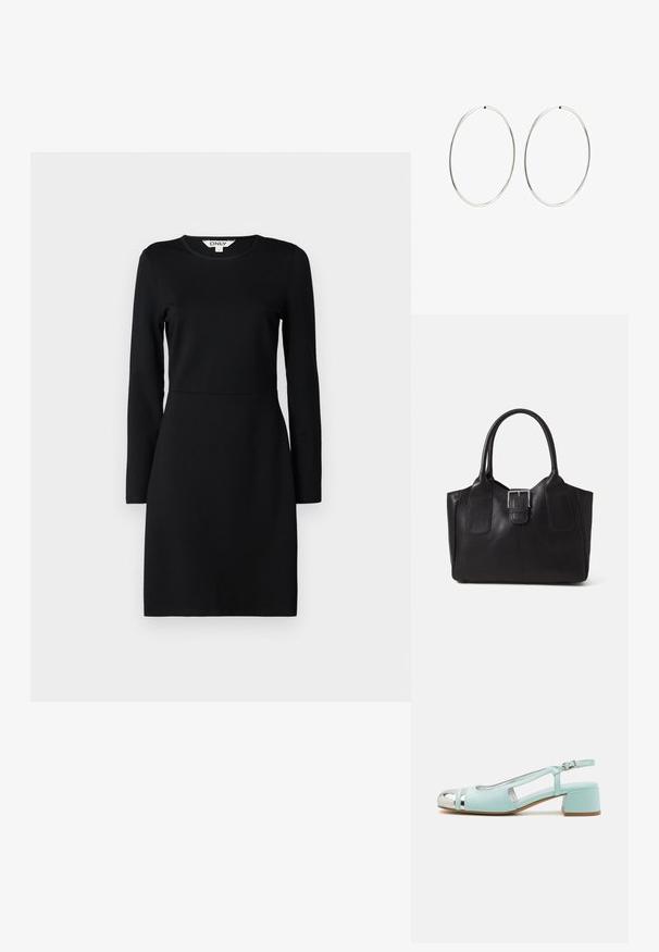 Melna garām piedurknēm kleita ar apaļu kakla izgriezumu. Pieguļoša silueta ar šuvju detaļu jostas vietā. Mīksta auduma, gluda tekstūra. Nav rakstu vai rotājumu.; Piparmētru zaļas slingback kurpes, kas izgatavotas no ādas, ar metālisku purngali, izgrieztiem sānu paneļiem un zemu blokveida papēdi.; Melnas ādas somiņa ar gludu tekstūru, strukturētu formu, divām rokturām un izteiktu sudraba sprādzi priekšpusē.; Sudraba riņķa auskari ar gludu, apaļu dizainu un pulētu apdari. Tie ir plāni un viegli, ar vienkāršu aizdari.