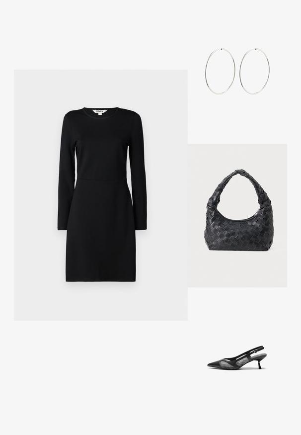 Melna garām piedurknēm kleita ar apaļu kakla izgriezumu. Pieguļoša silueta ar šuvju detaļu jostas vietā. Mīksta auduma, gluda tekstūra. Nav rakstu vai rotājumu.; Melnas siksnas kurpes ar sānu atvērumu un smailu purngalu, ar acu auduma akcentiem, zemu papēdi un regulējamu potītes siksniņu, lai nodrošinātu drošu piegulšanu.; Melna ādas austā plecu soma ar noapaļotu rokturi un pusmēness formas ķermeni uz vienota fona.; Sudraba riņķa auskari ar gludu, apaļu dizainu un pulētu apdari. Tie ir plāni un viegli, ar vienkāršu aizdari.