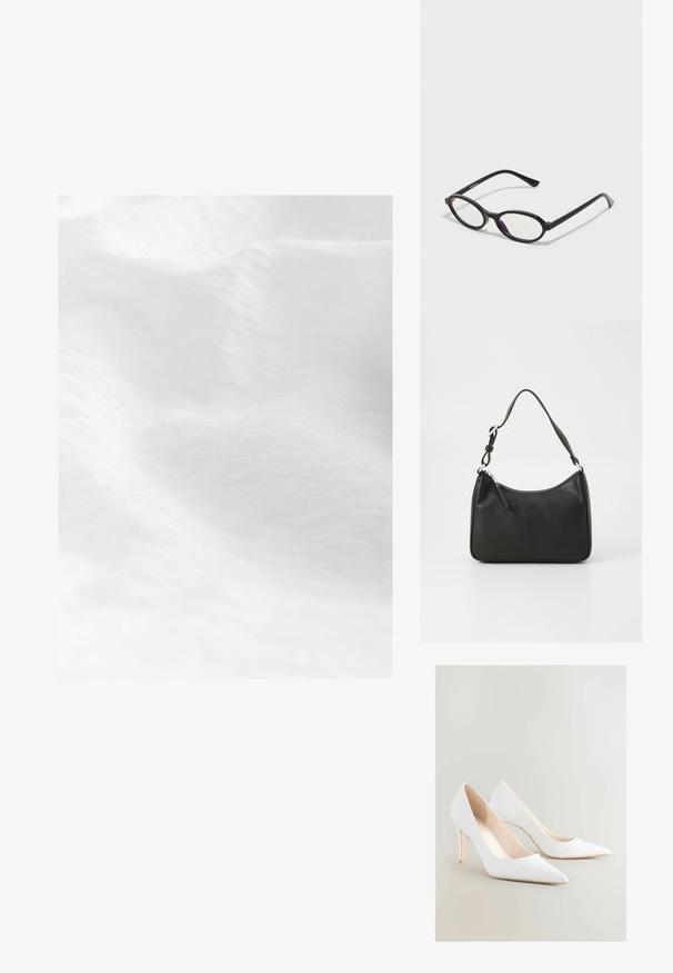 Tissu blanc texturé avec des vagues douces et des variations subtiles, offrant une qualité légère et aérée. Pas de motifs ou de matériaux visibles.; Escarpins blancs à talons hauts, à bout pointu et surface mate lisse. Dotés d'un talon élancé et d'un intérieur nude. Design minimaliste.; Lunettes à monture ovale noire avec des accents translucides violets sur les verres. La monture a une finition mate et des branches fines et droites.; Sac à main en cuir noir avec une forme courbée, une seule sangle, fermeture éclair et un logo discret à l'avant. Texture lisse, design minimaliste.