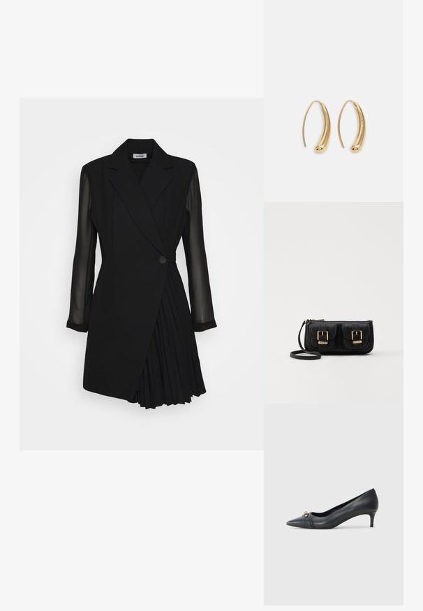 Črna obleka po meri, ki ima vrhnji del v stilu blazerja, prosojne dolge rokave, zapiranje z enim gumbom in podrobnostmi s plisirano krilo.; Črne usnjene čevlje s koničastim prsti in nizko peto, ki vključujejo teksturiran trak in kovinsko okrasje spredaj. Gladka površina in eleganten dizajn.; Črna usnjena torbica čez ramo z dvema sprednjima žepoma, zlatimi zaponkami, zadrgo in ozkim pasom. Tekstura površine je strukturirana, obliko pa ima kompaktno pravokotno.; Zlato-tonirani kovinski uhani v obliki obroča s krivuljo in podolgovato obliko. Imajo gladko, sijočo površino in zaobljen vrh za dodaten detajl.