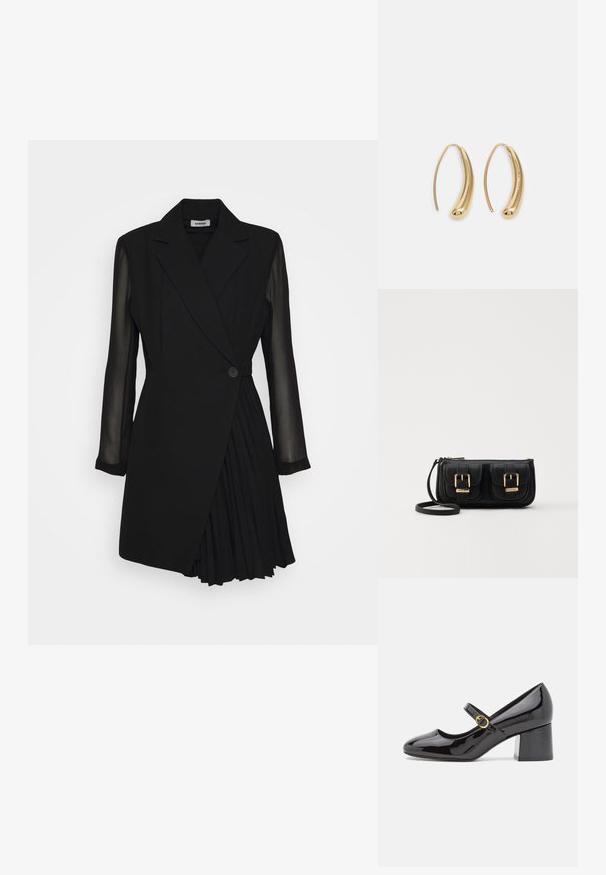Črna obleka po meri, ki ima vrhnji del v stilu blazerja, prosojne dolge rokave, zapiranje z enim gumbom in podrobnostmi s plisirano krilo.; Stuart Weitzman STUART - Klasične pete - black; Črna usnjena torbica čez ramo z dvema sprednjima žepoma, zlatimi zaponkami, zadrgo in ozkim pasom. Tekstura površine je strukturirana, obliko pa ima kompaktno pravokotno.; Zlato-tonirani kovinski uhani v obliki obroča s krivuljo in podolgovato obliko. Imajo gladko, sijočo površino in zaobljen vrh za dodaten detajl.