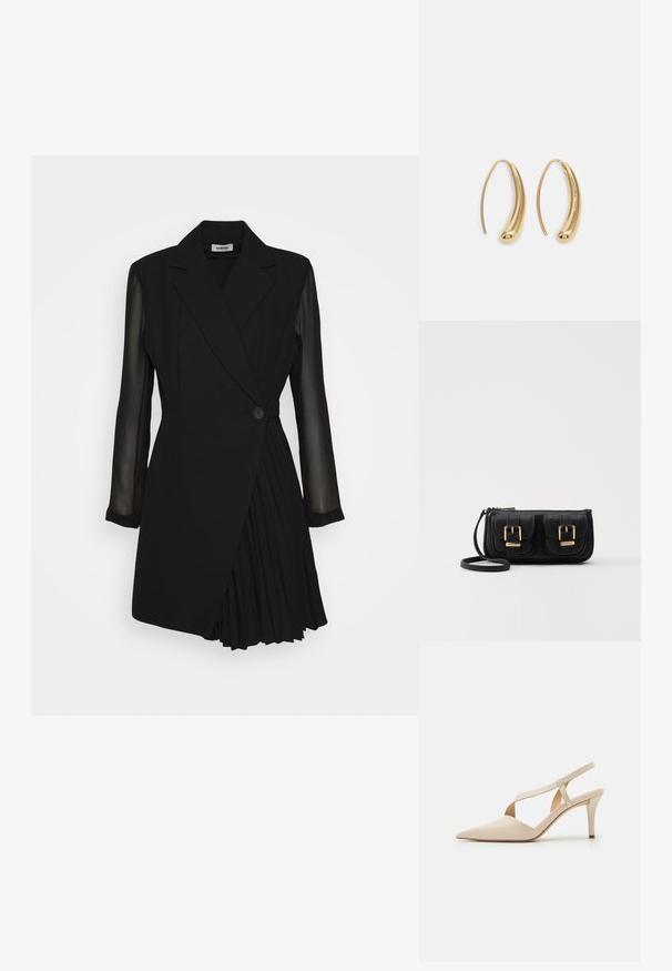 Abito nero su misura con top stile blazer, maniche lunghe trasparenti, chiusura con un solo bottone e dettagli di gonna plissettata.; Sandali con tacco beige a slingback con design a punta. Realizzati in materiale liscio, presentano un tacco sottile e dettagli incrociati per una vestibilità sicura.; Borsa a tracolla nera in pelle con due tasche frontali, fibbie dorate, chiusura con zip e una tracolla sottile. Superficie texturizzata e forma rettangolare compatta.; Orecchini a cerchio in metallo color oro con forma curva ed allungata. Presentano una superficie liscia e lucida e una punta arrotondata per un tocco di dettaglio in più.