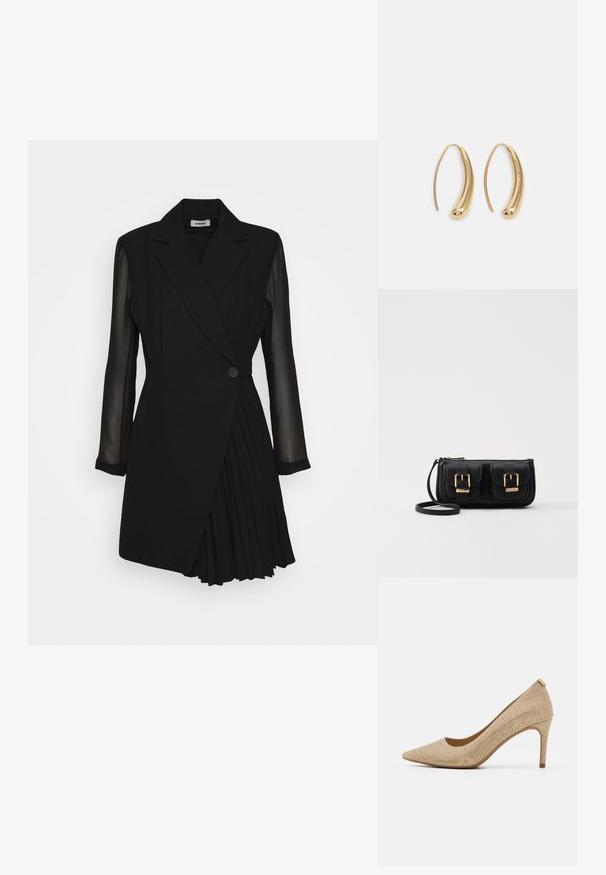 Svart skreddersydd kjole med blazerstil topp, gjennomsiktige lange ermer, enkel knappelukking og plisserte detaljer på skjørtet.; Beige spisseskot med teksturert stoffoverdel, en slank hæl og en subtil glitringseffekt for ekstra detaljer.; Svart skinn crossbody veske med to frontlommer, gyldne spenner, glidelåslukking og en slank stropp. Teksturert overflate og kompakt rektangulær form.; Gullfargede metalløredobber med en buet, forlenget form. Har en jevn, blank overflate og en avrundet tupp for ekstra detaljer.