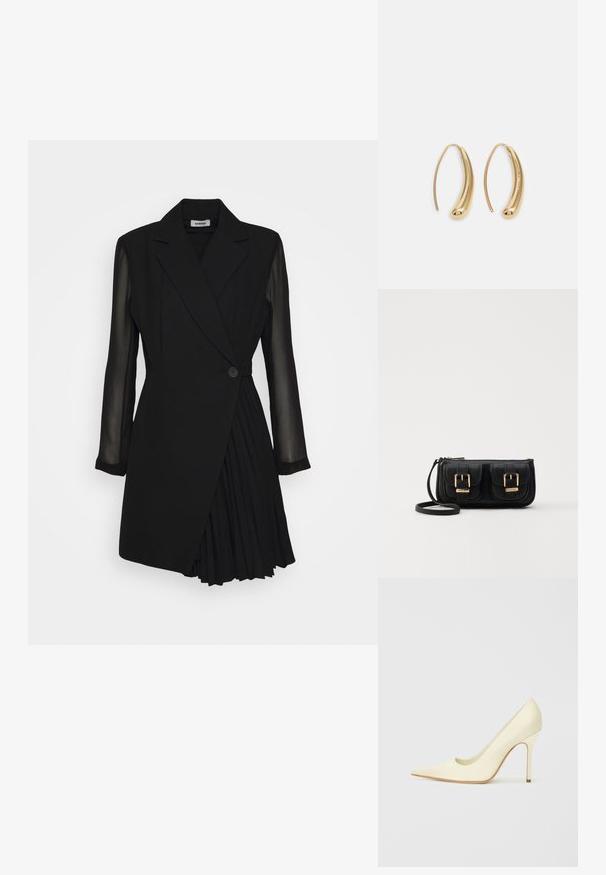 Black tailored dress featuring a blazer-style top, sheer long sleeves, a single button closure, and pleated skirt detail.; Cream-colored high-heeled pump with a pointed toe, smooth texture, and open sides, featuring a slim heel and a light wood sole.; Black leather crossbody bag with two front pockets, gold buckles, zipper closure, and a slim strap. Textured surface and compact rectangular shape.; Gold-tone metal hoop earrings with a curved, elongated shape. Features a smooth, shiny surface and a rounded tip for added detail.