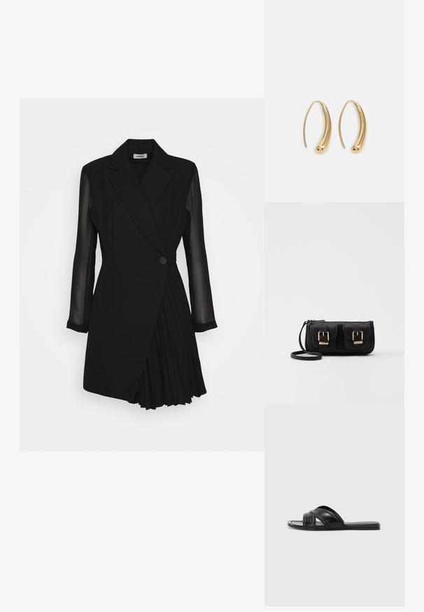 Juodas pritaikytas suknelė su švarkeliu primenančiu viršumi, permatomomis ilgomis rankovėmis, viena mygtuko uždarymo detalė ir raukšlėtu sijonu.; Juodosios šlepetės su lygiu odos paviršiumi, turinčios kryžminius dirželius ir išpjovimus, bei plokščiu, lanksčiu padu.; Juodas odinis per petį nešiojamas krepšys su dviem priekiniais kišenėmis, auksiniais sagtimis, užtrauktuko uždarymu ir siauromis petnešomis. Textūruota paviršius ir kompaktiškas stačiakampis formatas.; Auksinės metalinės auskarų kabės su lenktą, pailgą forma. Turi lygų, blizgantį paviršių ir užapvalintą galiuką papildomam akcentui.