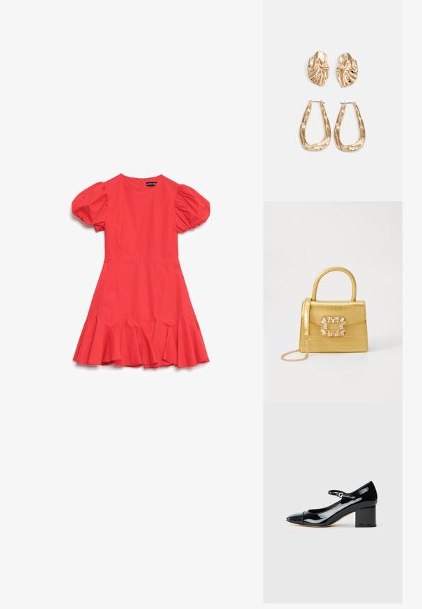 Vestito rosso a maniche a sbuffo con corpino aderente, orlo a balze svasato e chiusura con zip sul retro, realizzato in tessuto liscio.; Scarpa Mary Jane in pelle verniciata nera con tacco a blocco e cinturino a fibbia, vista di lato su sfondo bianco.; Borsa finta coccodrillo gialla con design strutturato, manico superiore, tracolla a catena removibile e abbellimenti in cristallo decorativi sulla chiusura.; Orecchini in tono oro caratterizzati da forme ondulate eTexture. Comprendono chiusure clip-on scultoree e un design a cerchio aperto con finitura martellata.