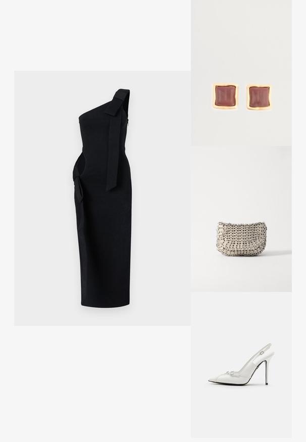 Rochie neagră cu un umăr, realizată dintr-un material texturat. Prezintă o decupare laterală și un accent legat pe umăr, având o siluetă atrăgătoare și ajustată.; Pantofi slingback din piele patent albă, cu vârf ascuțit, toc subțire și accente decorative cu catarame pe partea superioară.; Rabanne BAG - Geantă de mână - cream/silver; Cercei pătrați cu un centru de un burgund profund, înconjurat de un cadru texturat de culoare aurie. Suprafață netedă cu margini rotunjite.