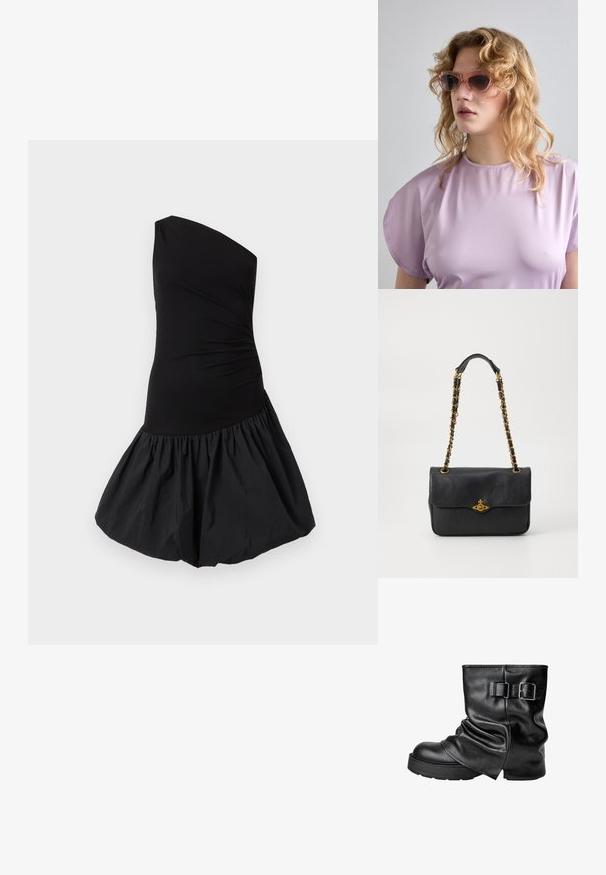Félvállas fekete ruha, amely illeszkedő felsőrésszel és dús, fodros szoknyával rendelkezik. Simító, könnyű anyagból készült, matt felülettel.; Fekete bőr bokacsizma, laza tervezéssel, négyzetes orral és oldalsó csatos díszítéssel. Vastag talpa extra magasságot és stabilitást biztosít.; Rózsaszín árnyalatú napszemüveg geometrikus kerettel, amely egy puha levendula színű felsővel van párosítva, kerek nyakkal és rövid ujjal.; Fekete bőrtáska hajtókával, arany tónusú lánc pánttal és logóval ellátott részlettel elöl. Simább textúra.