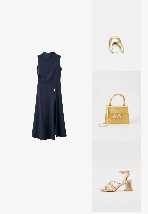 Marineblauwe mouwloze jurk met hoge halslijn, gestructureerde stof, A-lijnvorm en een decoratieve zilveren accent bij de taille.; Gouden metallic gestileerde sandaaltjes met hoge hakken, voorzien van een straps ontwerp, vierkante blokhak en een verstelbare enkelband met een gesp. Gladde textuur.; Geel faux-krokodillenhandtas met een gestructureerd ontwerp, bovenhandvat, afneembare kettingriem en decoratieve kristallen versiering op de sluiting.; Gouden metalen oorbel met een slank, gebogen ontwerp. Beschikt over een kenmerkende puntige vorm, gepolijste oppervlakte en scharnier sluiting.