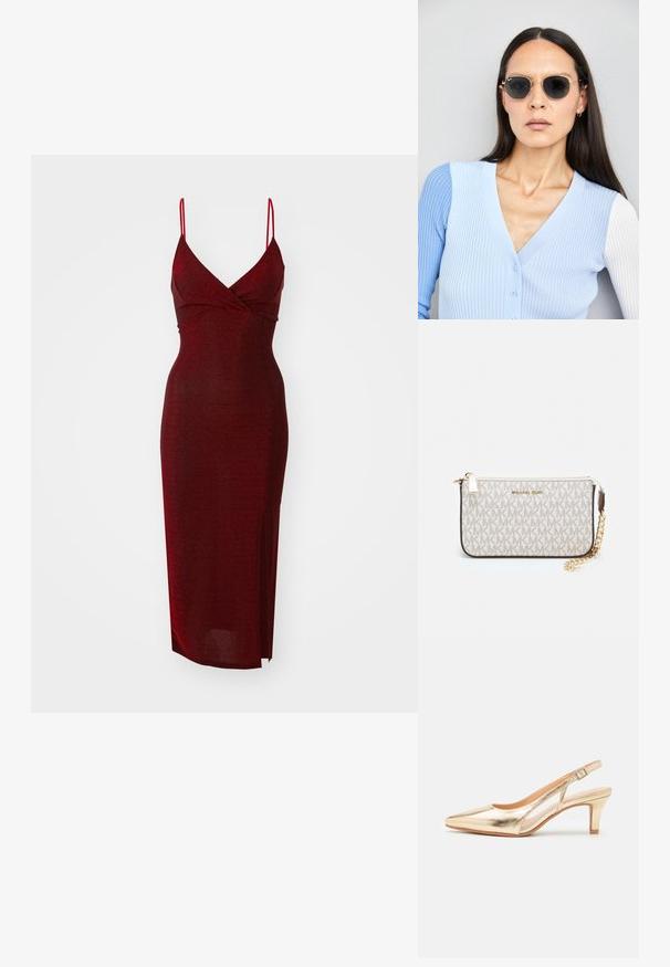 WAL G. EXCLUSIVE NYE GLITTER ARGENTINE MIDI - Kokteiļkleita/ballīšu kleita - wine; Zeltīta metāla slingback kurpe ar norādītu pirkstu, nedaudz paceltu papēdi un regulējamu siksniņu. Gluda tekstūra, stilīgs dizains un atvērtas malas.; Apaļas saulesbrilles ar tumšiem objektīviem un zeltītām rāmēm. Modelis valkā gaiši zilu, ribotu kardigānu ar pogām un kontrastējošām baltām piedurknēm.; Michaela Korsa rokassomi bez̦ā īšojuma, kas izgatavota no apklāta kanvas, iekļaujot atkārtotu MK logotipa rakstu, zelta aparatūru un noņemamu ķēdes siksnu.