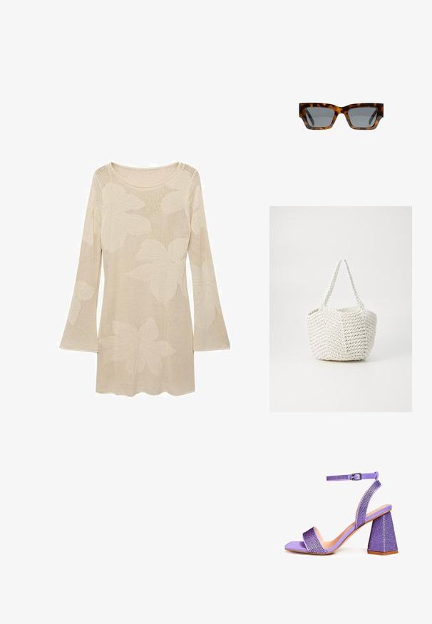 Beiger Strickpullover mit langen Ärmeln und Rundhalsausschnitt, der große Blattmuster und eine Netzstruktur aufweist. Mit ausgestellten Ärmeln akzentuiert.; Lila High-Heelsandalen mit strukturiertem, quadratischem Zehenbereich, verziert mit Strasssteinen und ausgestattet mit einem Riemen am Knöchel mit Schnalle sowie einem geometrischen Absatz.; Schildpatt-Sonnenbrille mit eckigen Rahmen, grauen Gläsern und einer glatten Oberfläche. Verfügt über ein mutiges geometrisches Design und dicke Bügel.; Geflochtener weißer Handtasche mit texturiertem Finish, ausgestattet mit zwei Griffen und einer strukturierten Form, geeignet für den Alltag.